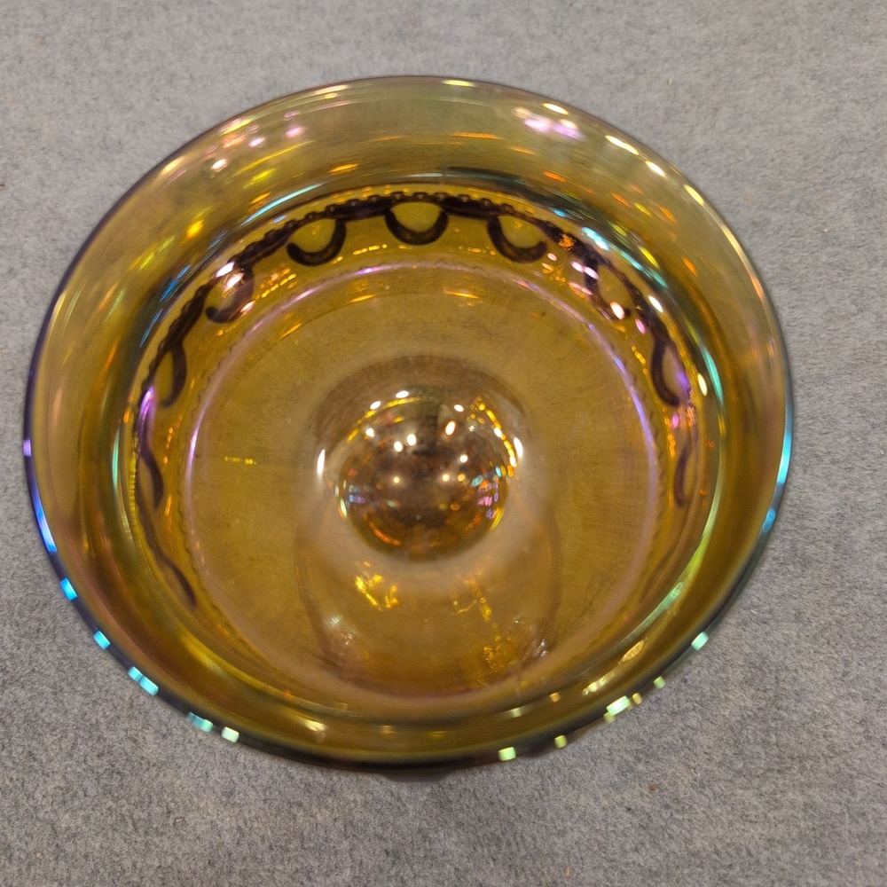 Vintage Indiana Glass Kings Crown Amber Carnival Glass Compote Iridescent Bowl - Picture 6 of 7